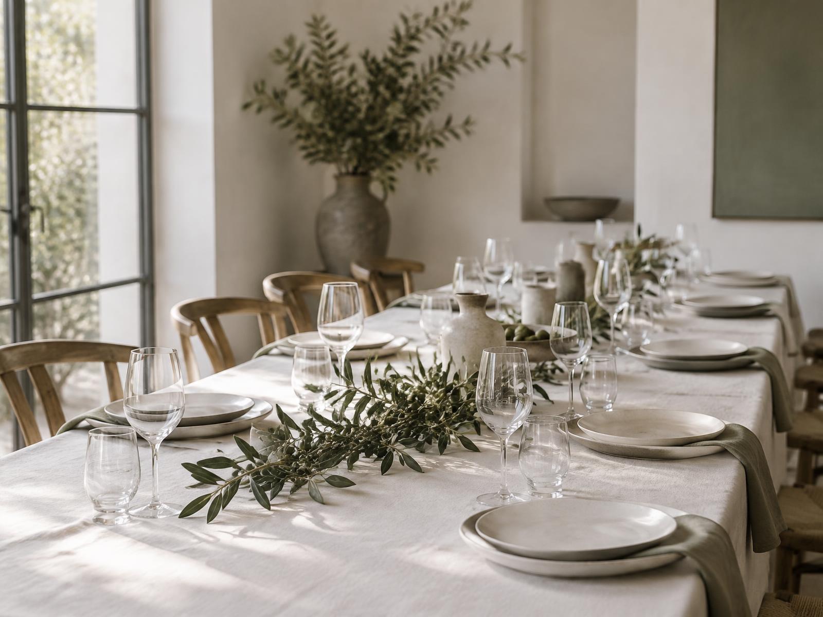 A long shared table set with linen and candlelight